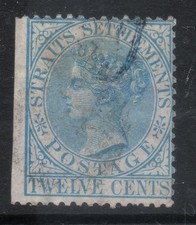 Straits Setts  1867 12cs blue wmk crn CC SG 15 fine used (cut wng-mrgn), cat £9+