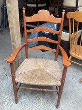 Vintage Brown Wooden High Ladder Back Carver Dining Chair with Rattan Seat