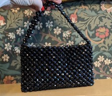 Vintage 40s 50s Jet Beaded Bead Hand Bag Tote Purse Wedding Bohemian Wartime 