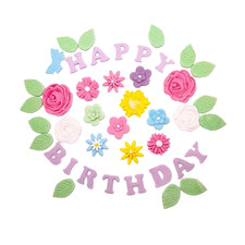 Sugar Fondant Cake Toppers with Happy Birthday Text, Decorative Flowers & Leaves