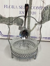 Vintage Jam / Sugar Condiment Glass Dish Bowl With Spoon & Metal Footed Stand