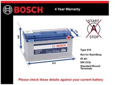 Car Battery S4013 Bosch 019 800A 95Ah 4Yr Warranty 353x175x190