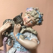Antique German Bisque Figure Girl Cat c.1890 Conta & Boehme Porcelain Old Doll