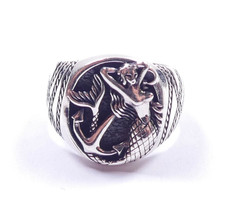 Pinky Signet Ring Mermaid And Anchor 925 Sterling Silver 5.9g UK Size L