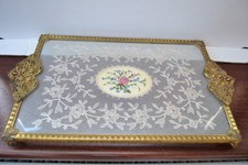 VINTAGE REGENT OF LONDON EMBROIDERED GOLD METAL & GLASS OBLONG VANITY TRAY