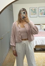 ZARA Pink Knitted Boucle Co-ord Set Crop Top & Cardigan Jumper Sweater S