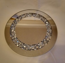MIRRORED CANDLE PLATE , CRUSHED INSET JEWELS/DIAMANTE, HOME DECOR,ROUND, 20CM