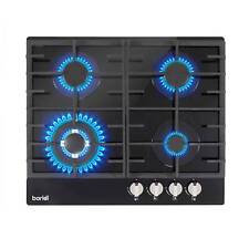 Gas Hob, 60cm, 4 Burner and Cast Iron Pan Supports, Gas on Glass - Black Glass -