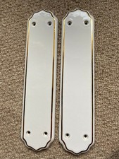 Vintage 2 Finger  white and gold Plate Door Push  Ceramic Flowers  Plaques