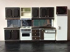 Vintage Lundby Dolls House Very Dark Wood Kitchen Set - 16th Scale