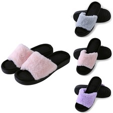 Aerusi Women Open Toe Flat Shoes Sandal Flip Flops Fuzzy Faux Fur Spa Slippers