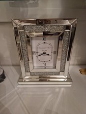 33cm Large Square Mirrored Clock Sliver Crystal Border Freestanding Mantel Clock