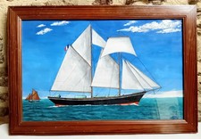 Vintage French framed naïve gouache painting of a 19th century schooner