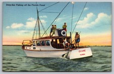 Postcard Deep Sea Fishing Off The Florida Coast Linen Vintage Boat