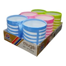 6 x Tea Coffee Mugs Reusable Striped PLASTIC Drinking Cups Camping Kids Colorful