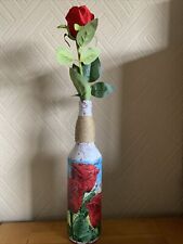 Decoupaged Rose Bottle Handcrafted Crackle Glass Decoration With Artificial Rose