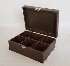 Wooden Organiser Box BROWN 6 Compartment Kitchen Storage Chest Tea Bag Treasures