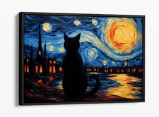 VAN GOGH STARRY NIGHT WITH BLACK CAT -FLOAT EFFECT FRAMED CANVAS WALL ART PRINT