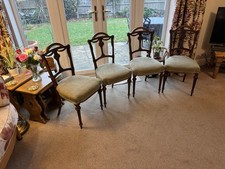 4 Early 1900's Walnut Carved Chairs in Mellow Sage Material