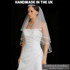 White Ivory 2t Bridal Wedding Veil with Comb, Elbow length, Satin Edge, Diamante