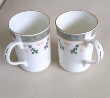 Castle Church China Staffordshire England Fine Bone China Pair Mugs Gold & Green