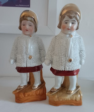 Rare Antique German Figurine Snow Baby On Skis 1900s x2