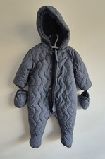 M&S 6-9 Months Blue Quilted Lined Snowsuit With Detachable Mittens