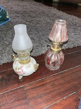 Pair of Vintage Mini Oil Lamps With Shade And Brass Fittings. 