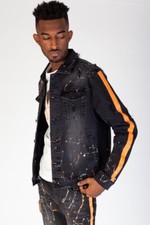 MEN'S ORANGE PAINT SPLATTER STRIPED DISTRESSED BLACK BUTTON DENIM JACKET S-XL