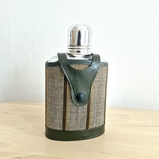 Vintage English Leather & Tweed Wrapped Pocket Hip Flask ,Glass Liquor Container