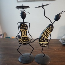 African Tribal Inspired Candle Holders With Stylized Figures Wrought Iron/Wood