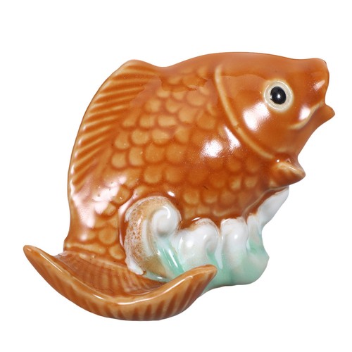 Golden ceramic carp statue - ceramic,