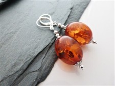 Pretty Orange Faux Amber Chunky Silver Plated Earrings, Pierced, Leverback, Gift