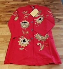 QVC Indigo Moon Red duster hand embroidered handcarved buttons XS