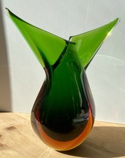 A Vintage Murano Sommerso Fish Tail Vase Green And Amber 7” Tall