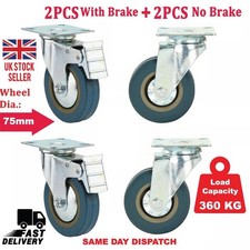 4 x Heavy Duty 75mm Rubber Swivel Castor Wheels with Brake Trolley Furniture UK