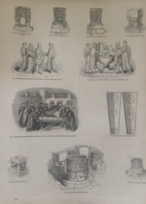 1860s Religious Engraving | Fonts, Becket Burial, Stone Coffins | Antique Print