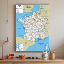 France Wall Map Detailed Road & Major Cities Map Educational Office Living Room