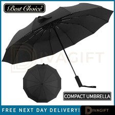 BLACK UMBRELLA 10 RIB STRONG WINDPROOF OPEN CLOSE FOLDING COMPACT TRAVEL NEW