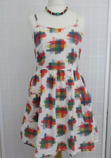 Topshop White Multicoloured Indian Cotton Linen Sundress Size 8 Pockets Mini