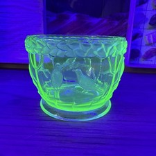 Uranium Glass Dressing Table Set Libochovice Doves Trinket Pot Bowl Love Birds 
