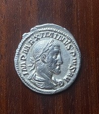 Silver Denarius of Maximinus Thrax, issued 235 AD, featuring Fides w/ standards