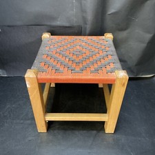 Vintage Retro Rope Rush Rattan Style Small Wooden Foot Stool Woven Top Weaved