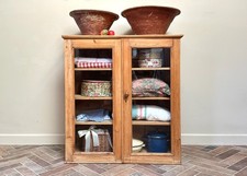 Glazed Pitch Pine Cabinet, Antique Freestanding School Cupboard, Primitive Decor