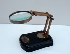 Antique Style Adjustable 3" Magnifying Glass With Wood Base Solid Brass (USED)