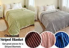  LARGE STRIPES BLANKET FLANNEL PLUSH SOFT WARM BLANKET SOFA BED SLEEPING NEW UK 