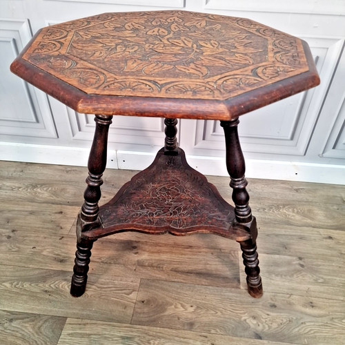 Antique carved lamp table oak - carved,