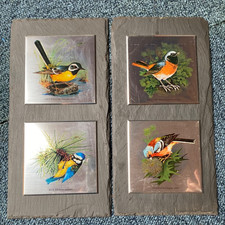 Vintage 4 Steel Tiles on Slate BIRDs, Chaffinch, Blue Tit, Wagtail, Redstart