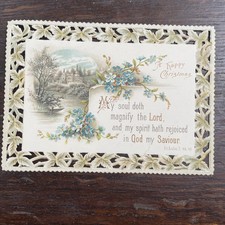 Antique Christmas Card embossed die cut pierced ivy leaves Victorian Religious 