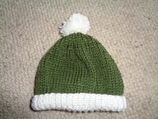 Doll / Teddy Bear Fir Hand Knitted Bobble Hat with White Trim & Pom Pom